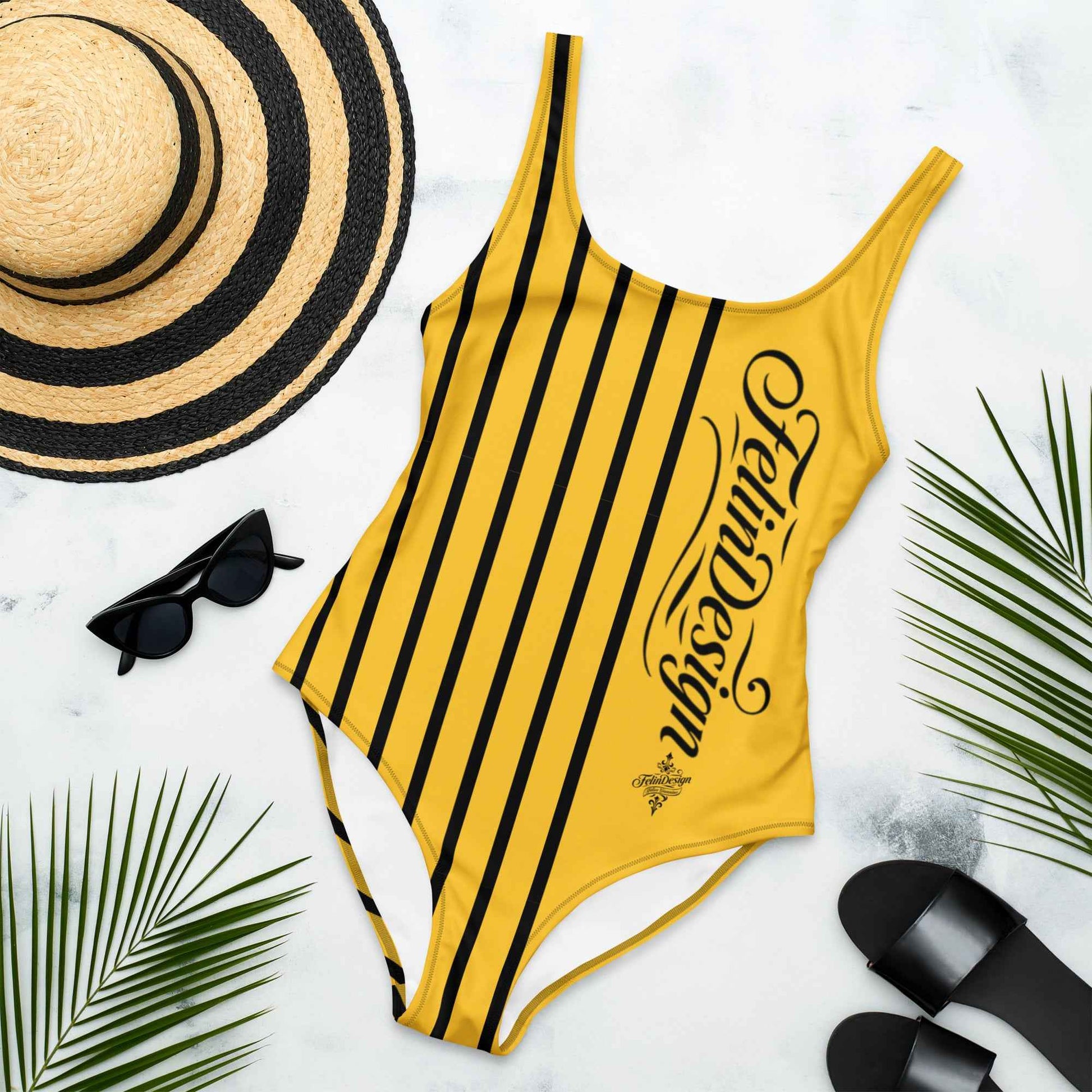 FelinDesign One Piece Swimsuit 2026 Elegant Yellow and black Swimwear for Pool & Beach Women’s Stylish Bathing Suit