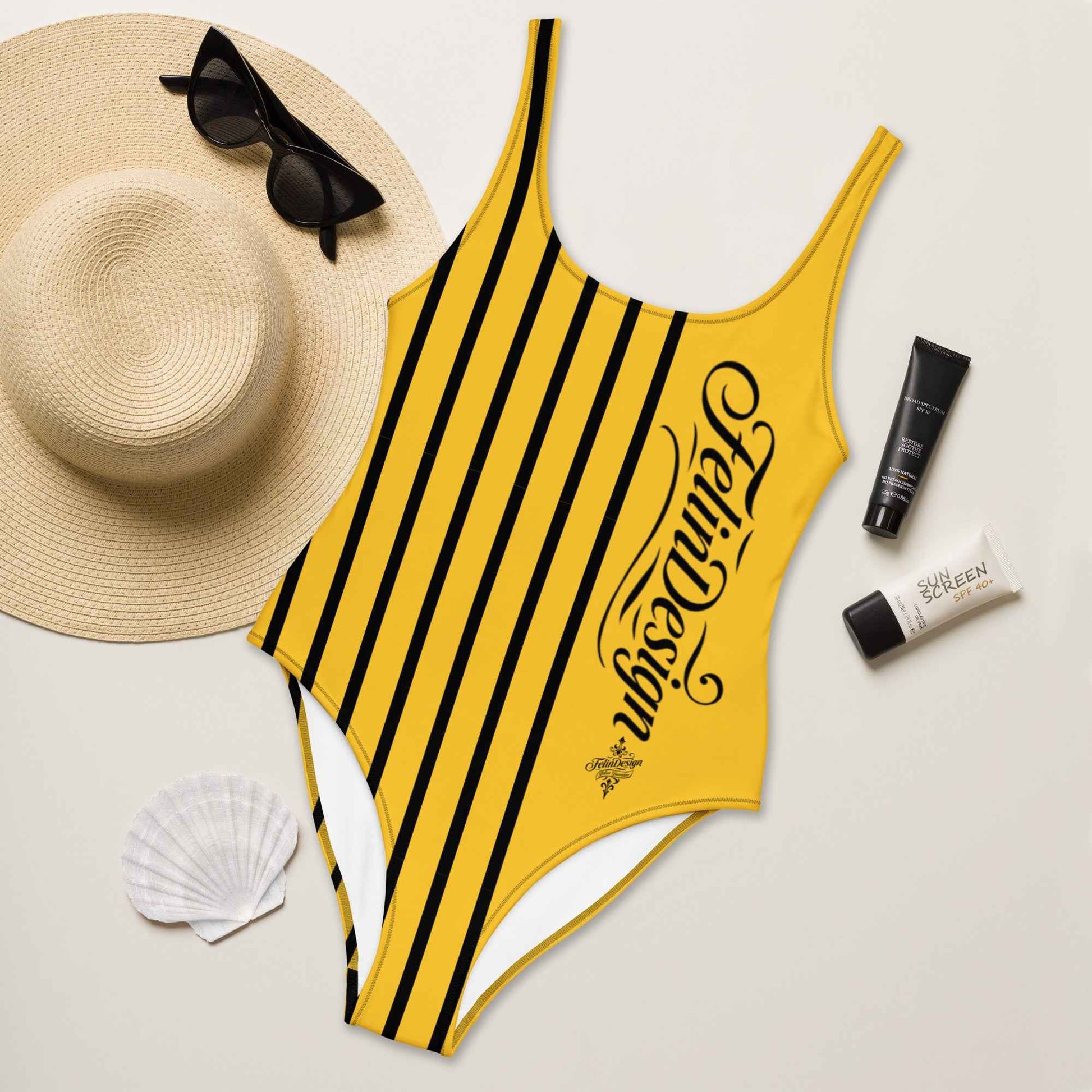 FelinDesign One Piece Swimsuit 2026 Elegant Yellow and black Swimwear for Pool & Beach Women’s Stylish Bathing Suit