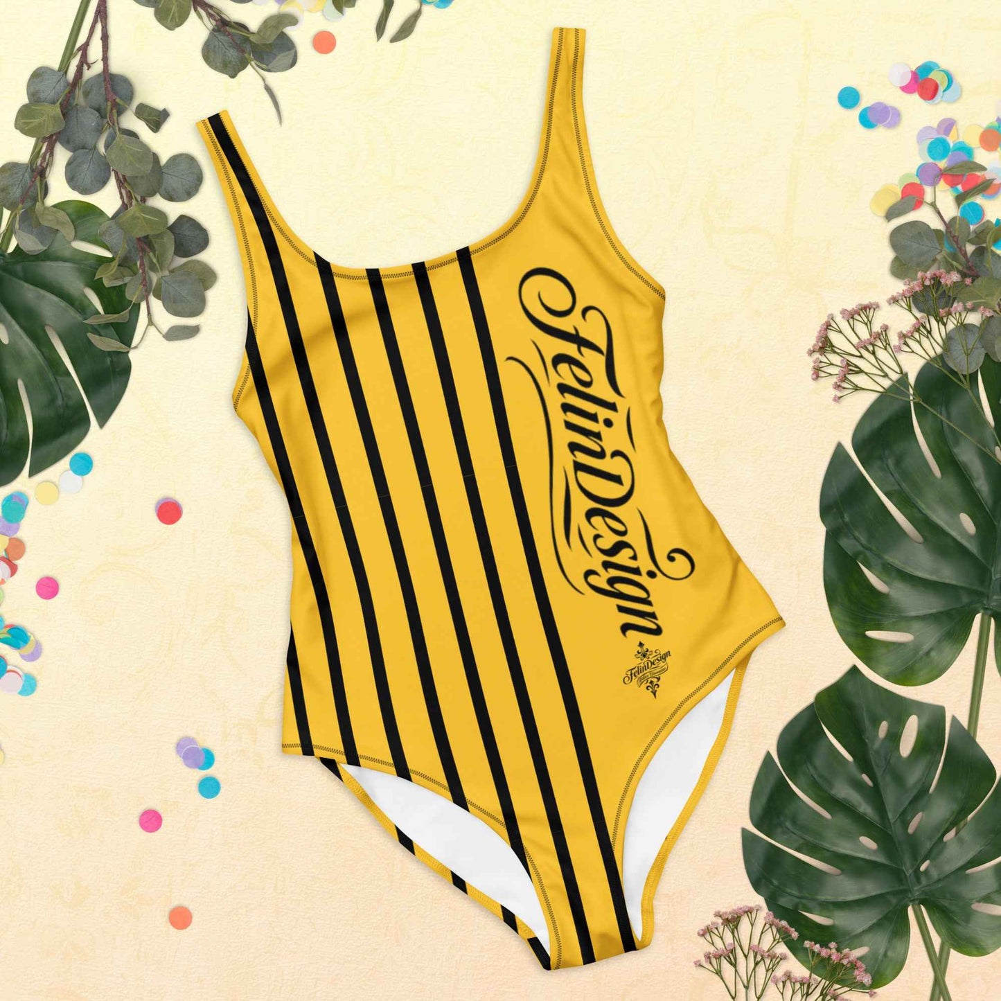 FelinDesign One Piece Swimsuit 2026 Elegant Yellow and black Swimwear for Pool & Beach Women’s Stylish Bathing Suit