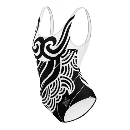 Luxury Women's Black and White One-Piece Swimsuit with Tribal Motifs – Bold Design by Felice Gianninio 2026 - FelinDesign