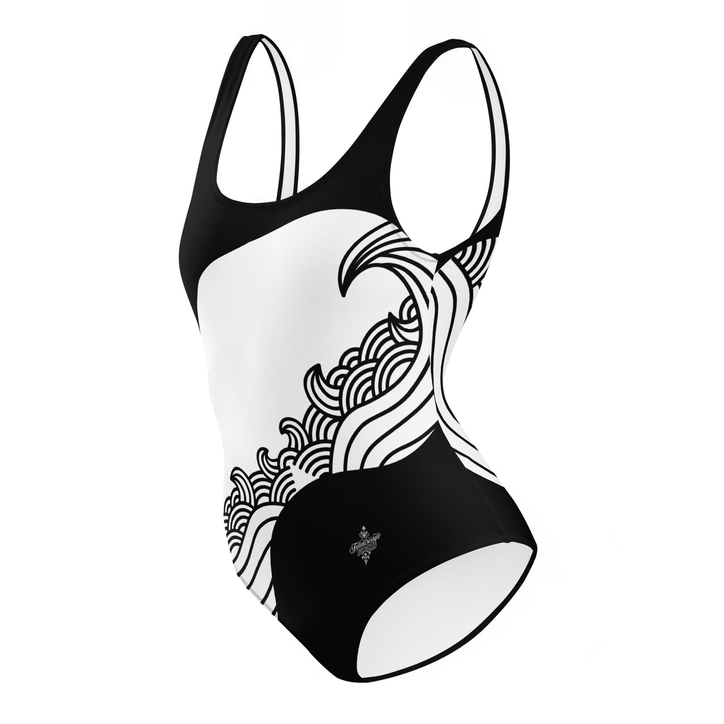 Luxury Black and White One-Piece Swimsuit with Japanese Style Wave Print - FelinDesign
