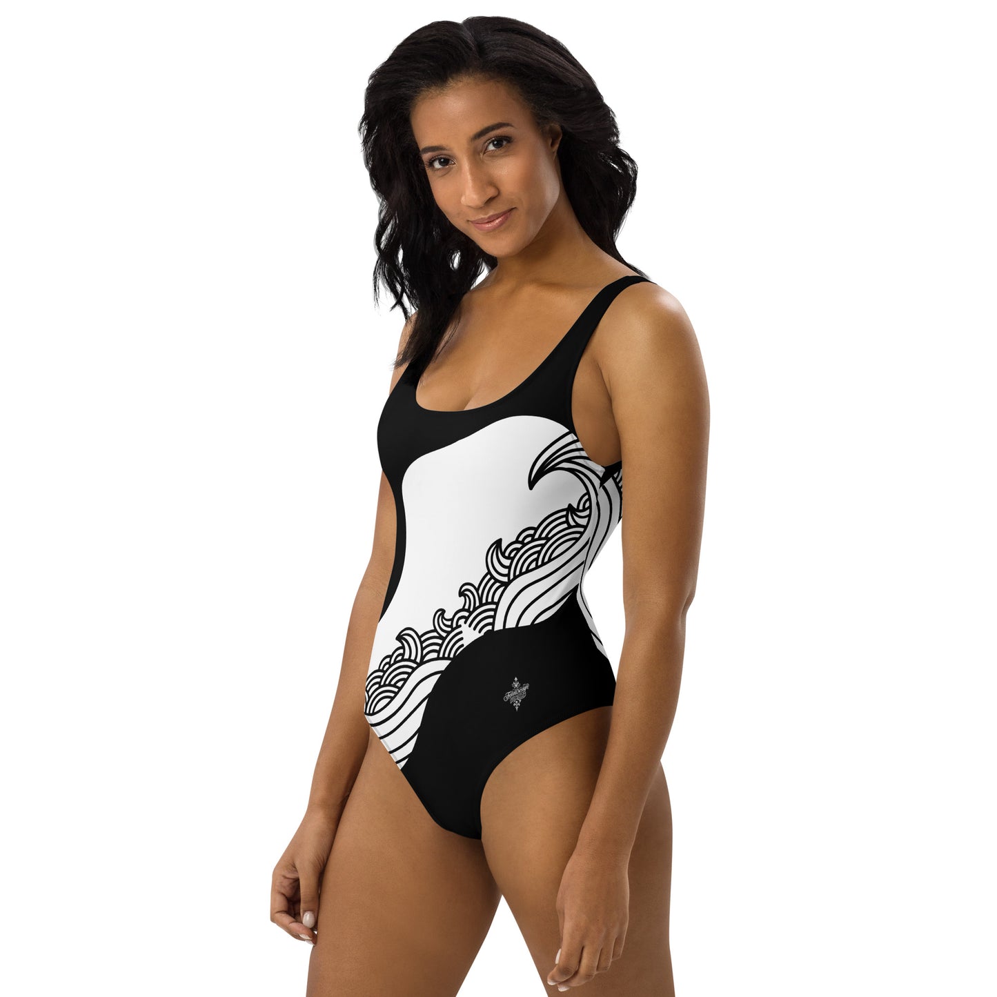 Luxury Black and White One-Piece Swimsuit with Japanese Style Wave Print - FelinDesign