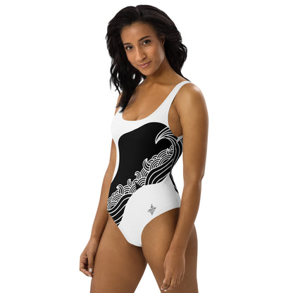 Luxury Black and White One-Piece Swimsuit with Japanese Style Wave Print - FelinDesign