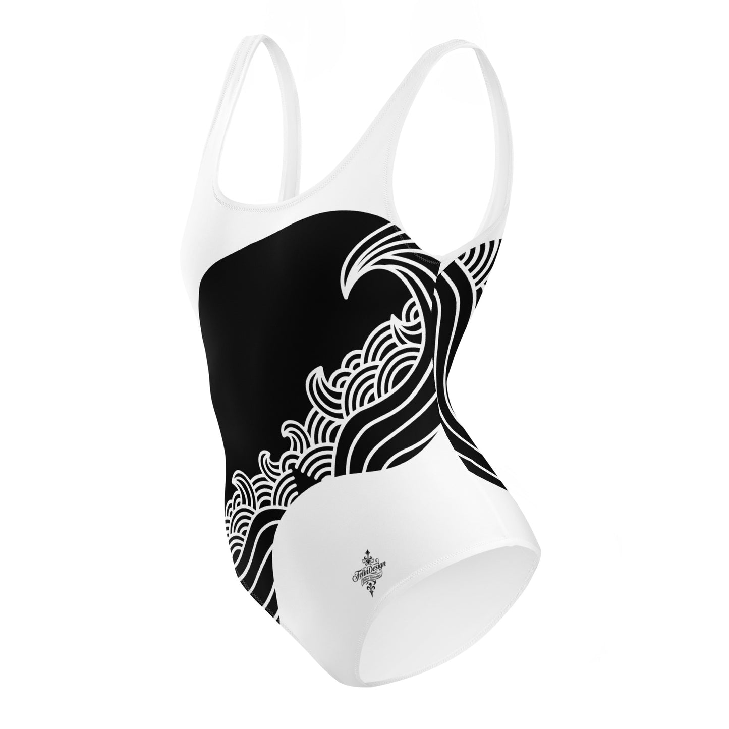 Luxury Black and White One-Piece Swimsuit with Japanese Style Wave Print - FelinDesign