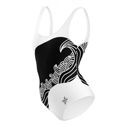 Luxury Black and White One-Piece Swimsuit with Japanese Style Wave Print - FelinDesign