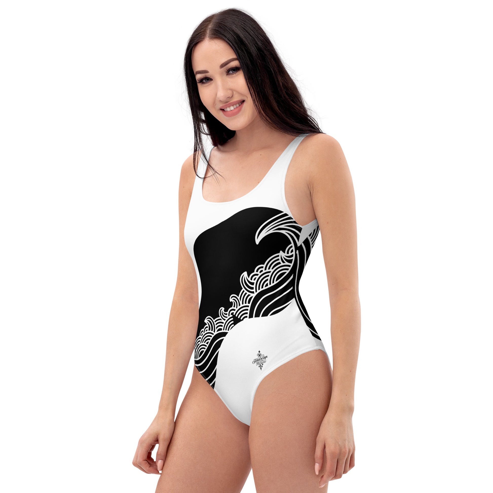 Luxury Black and White One-Piece Swimsuit with Japanese Style Wave Print - FelinDesign