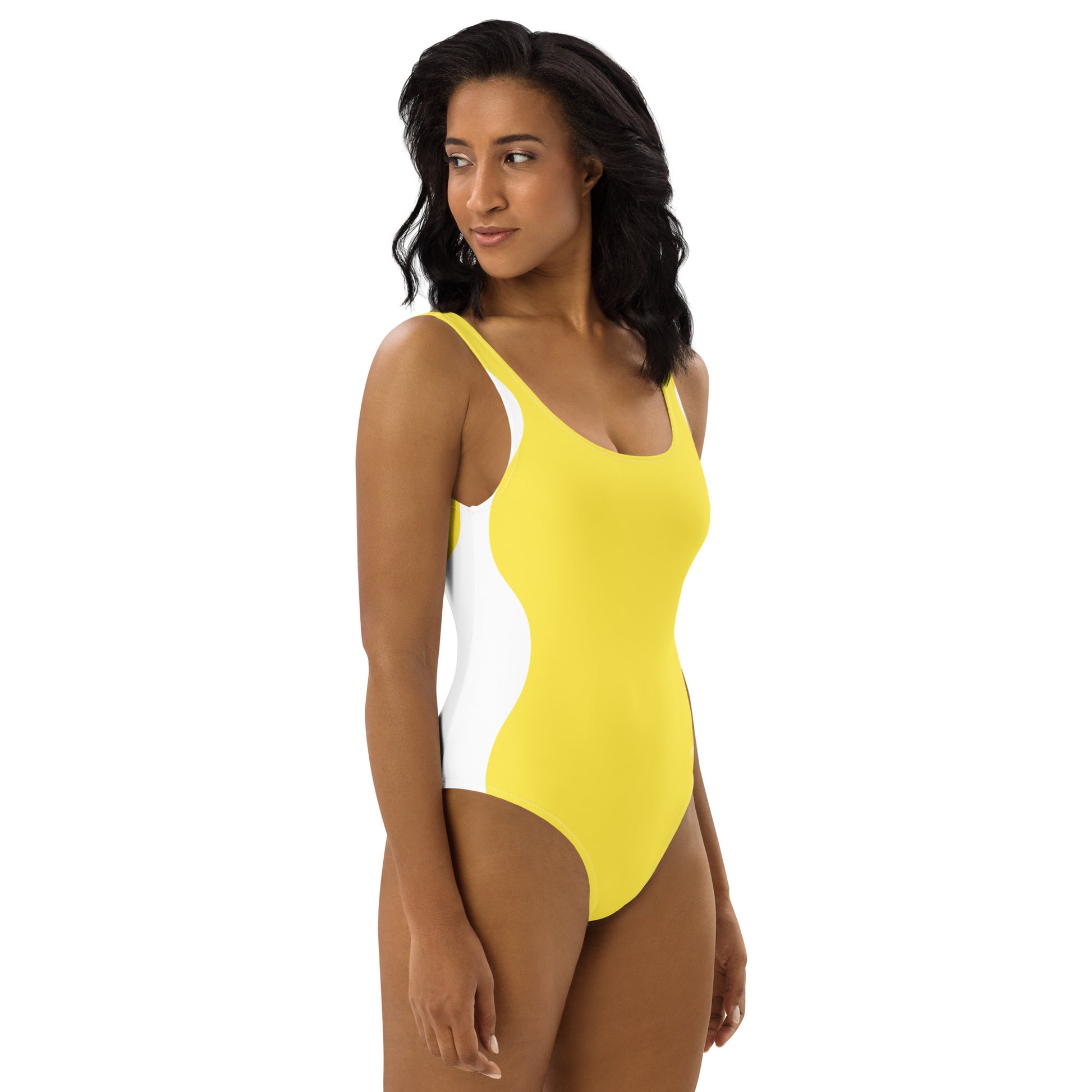 Sinuous Geometry One-Piece Swimsuit – Yellow & White Shaping Design - FelinDesign