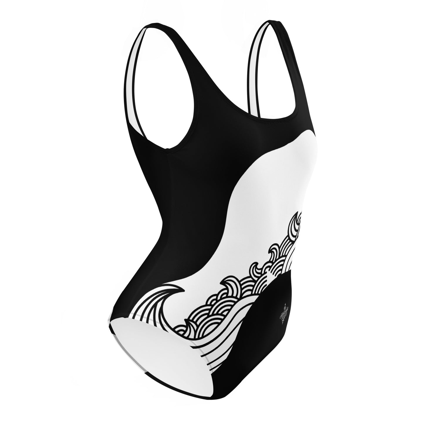Luxury Black and White One-Piece Swimsuit with Japanese Style Wave Print - FelinDesign