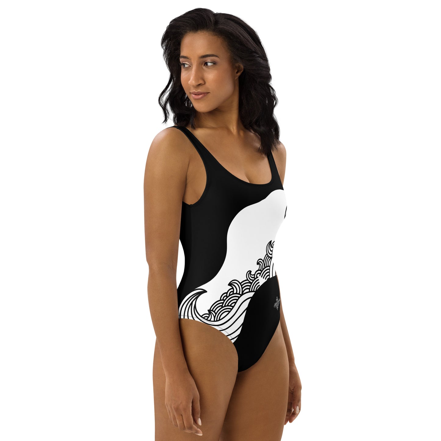 Luxury Black and White One-Piece Swimsuit with Japanese Style Wave Print - FelinDesign