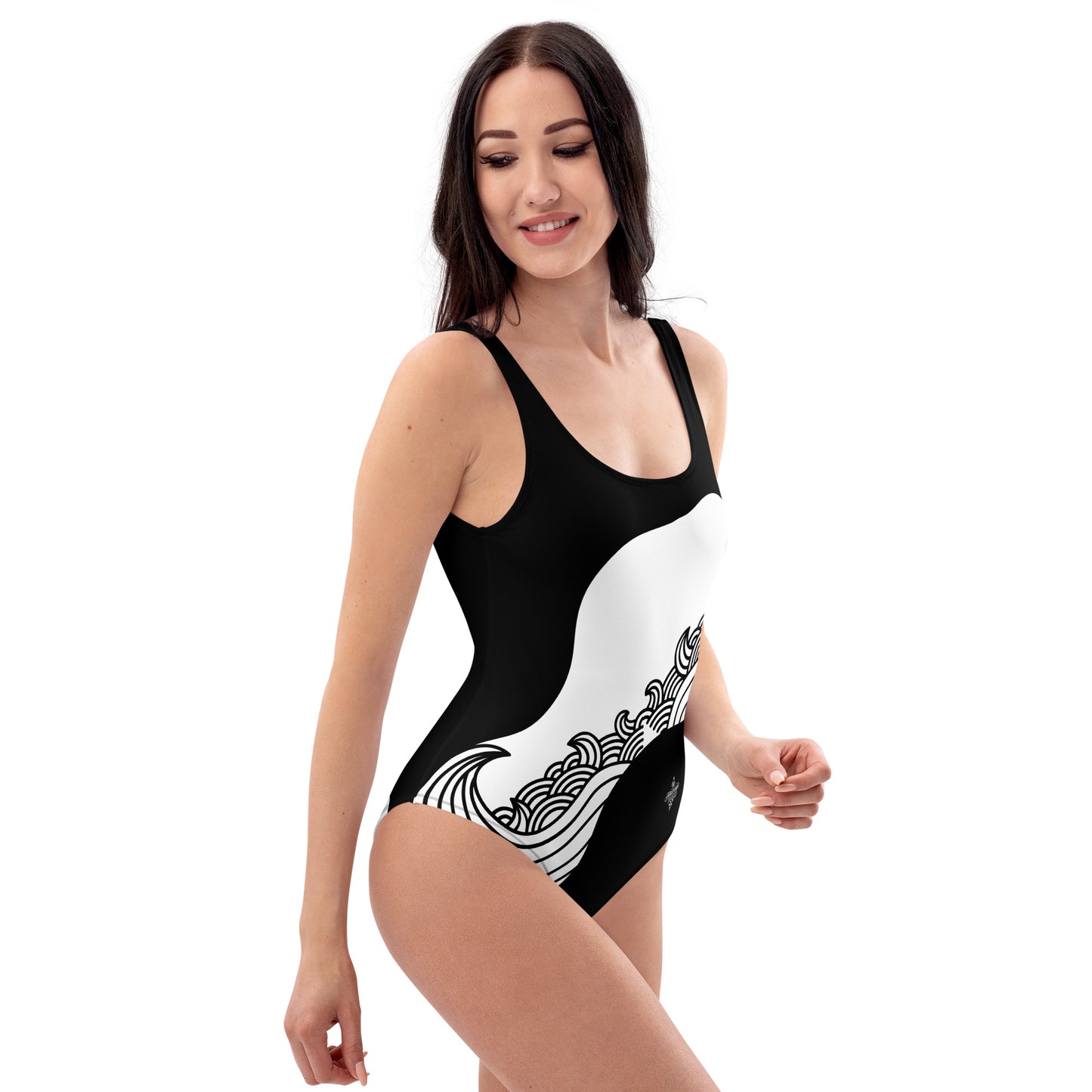 Luxury Black and White One-Piece Swimsuit with Japanese Style Wave Print - FelinDesign
