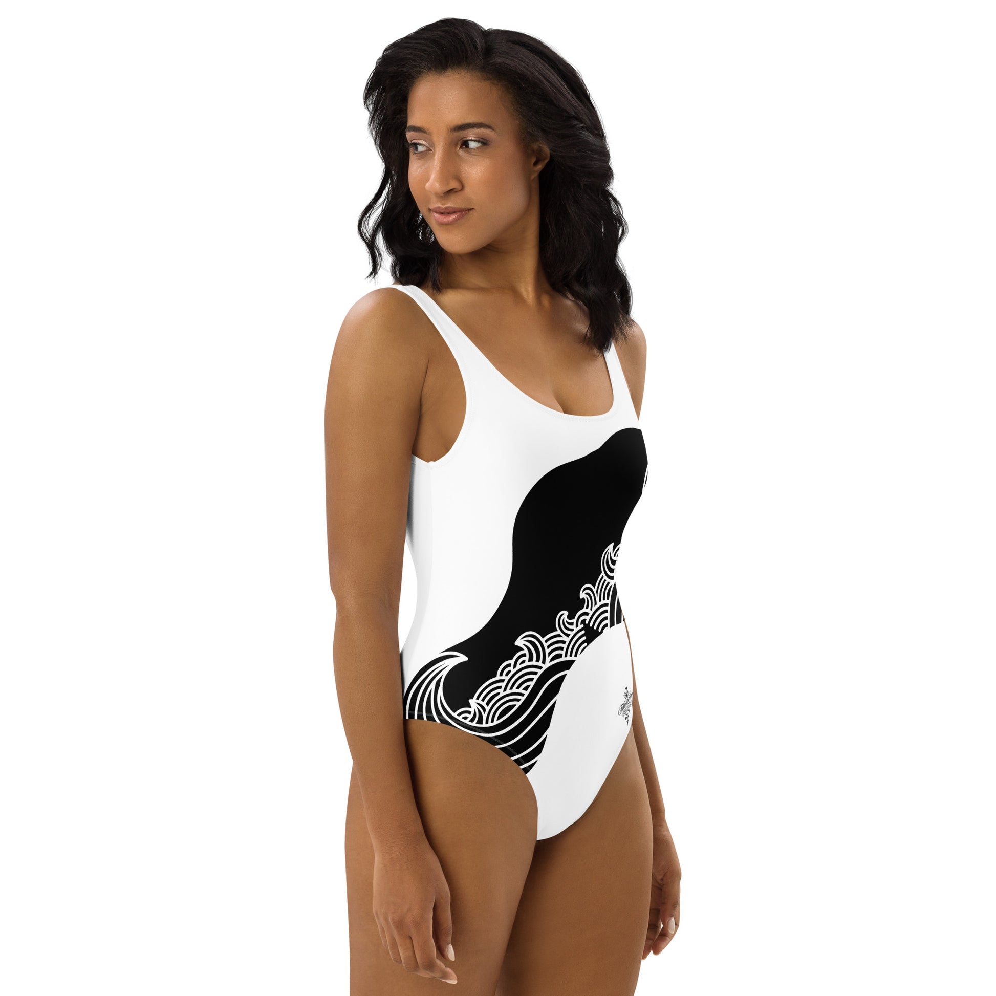 Luxury Black and White One-Piece Swimsuit with Japanese Style Wave Print - FelinDesign