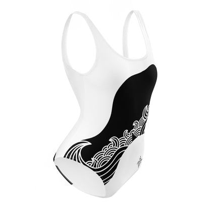 Luxury Black and White One-Piece Swimsuit with Japanese Style Wave Print - FelinDesign