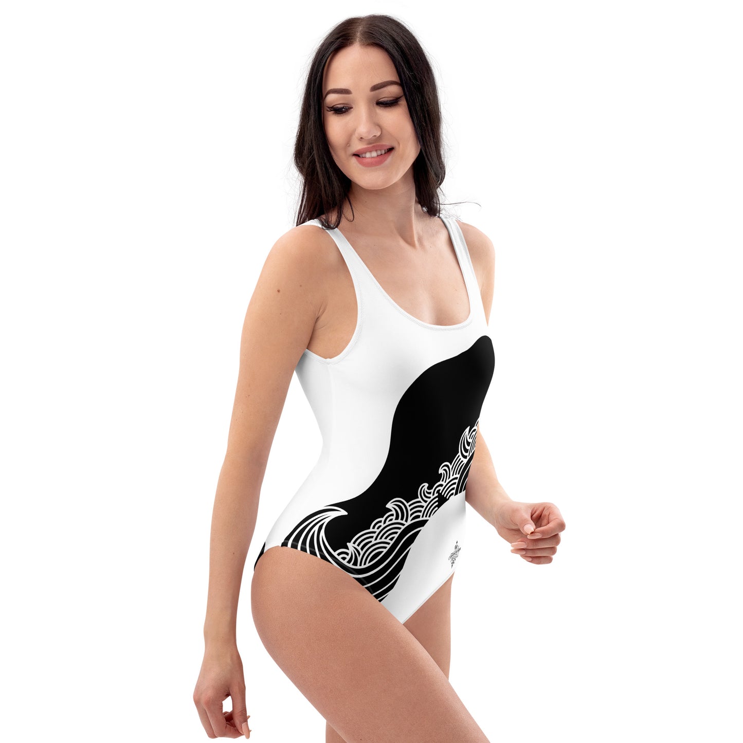 Luxury Black and White One-Piece Swimsuit with Japanese Style Wave Print - FelinDesign