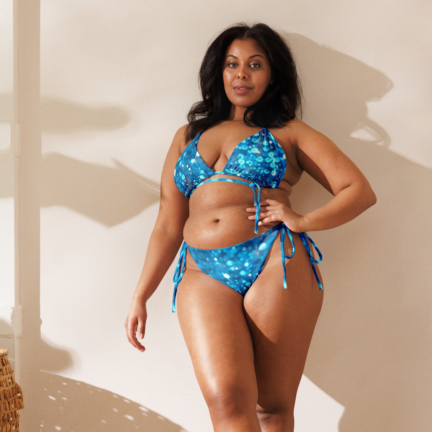 FelinDesign Women's Cobalt Blue "Bokeh" Print Bikini – Adjustable Triangle Top & Tie-Side Bottoms Two-Piece Swimsuit - FelinDesign