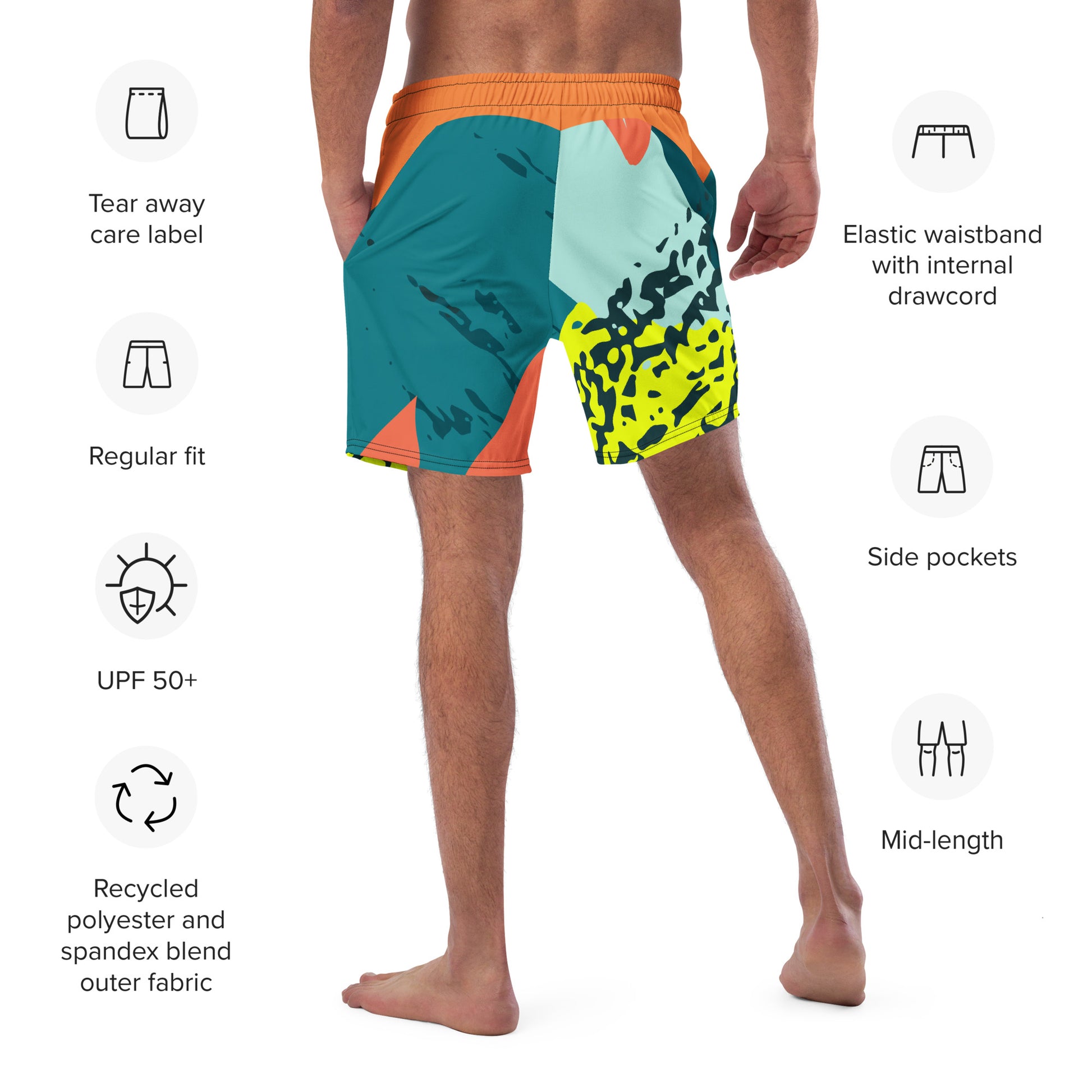 Recycled Swim Trunks FelinDesigns Multicolored Artistic Swimsuit with Geometric Pattern and Brush Strokes, Unique Urban Streetwear Design. - FelinDesign