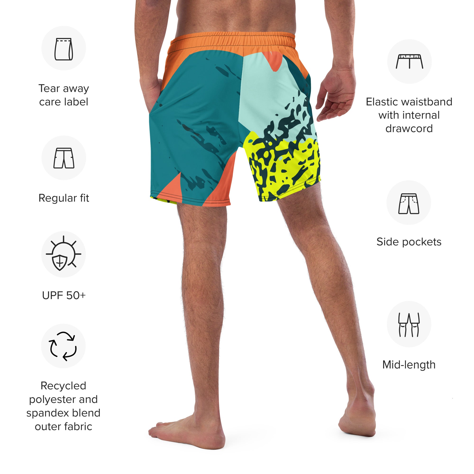 Recycled Swim Trunks FelinDesigns Multicolored Artistic Swimsuit with Geometric Pattern and Brush Strokes, Unique Urban Streetwear Design. - FelinDesign