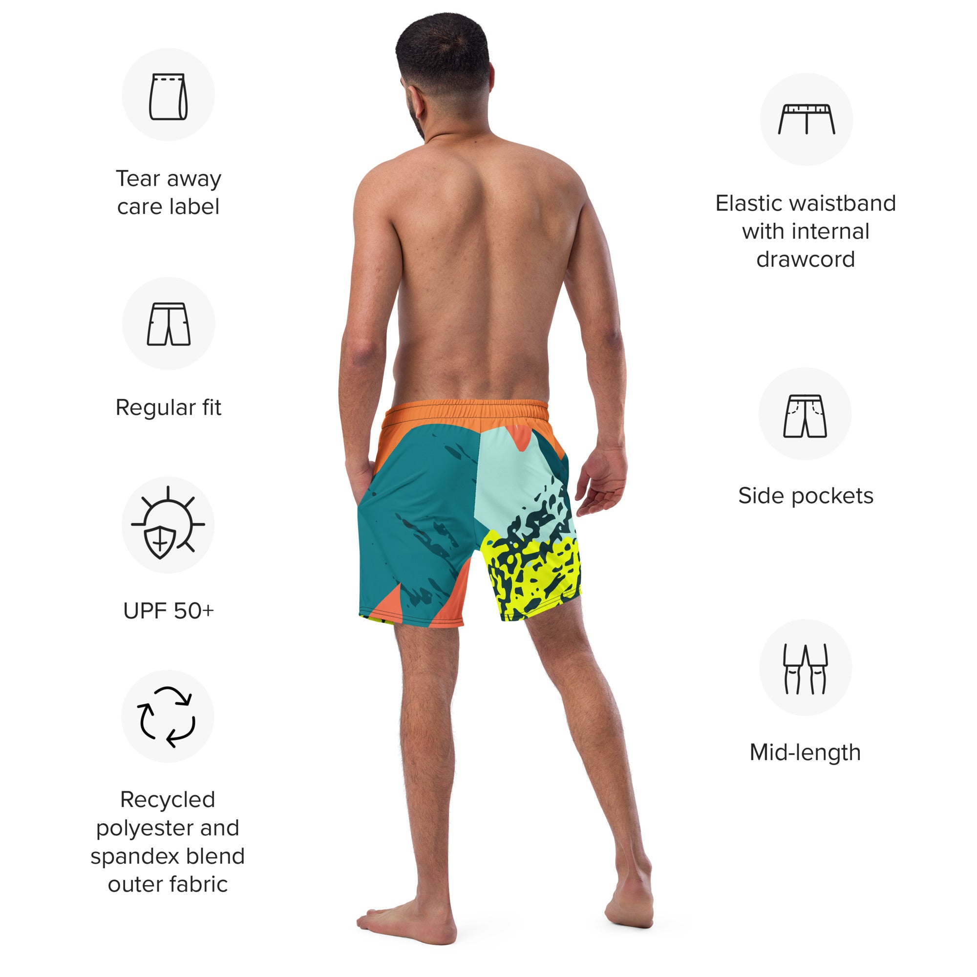 Recycled Swim Trunks FelinDesigns Multicolored Artistic Swimsuit with Geometric Pattern and Brush Strokes, Unique Urban Streetwear Design. - FelinDesign