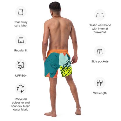 Recycled Swim Trunks FelinDesigns Multicolored Artistic Swimsuit with Geometric Pattern and Brush Strokes, Unique Urban Streetwear Design. - FelinDesign