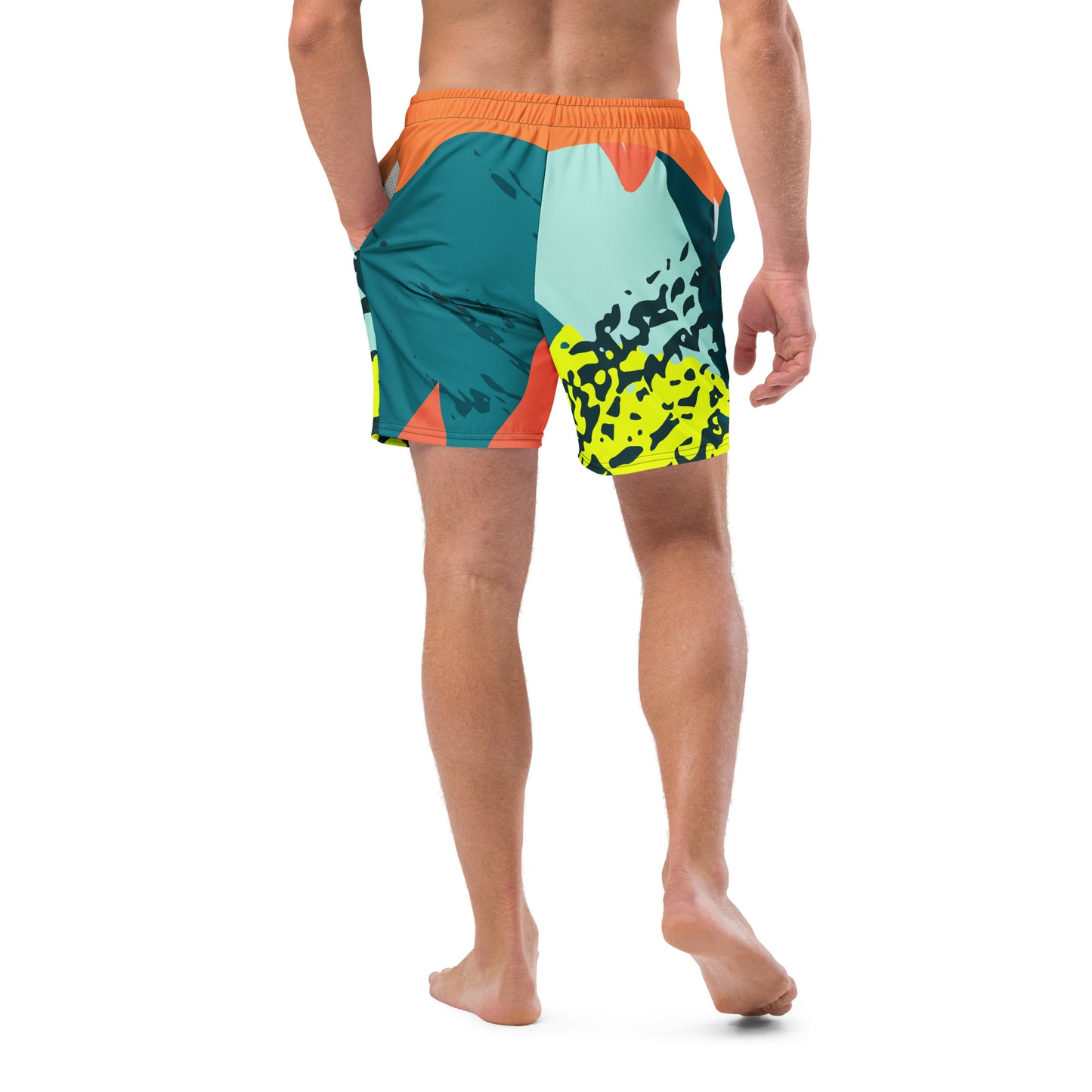 Recycled Swim Trunks FelinDesigns Multicolored Artistic Swimsuit with Geometric Pattern and Brush Strokes, Unique Urban Streetwear Design. - FelinDesign