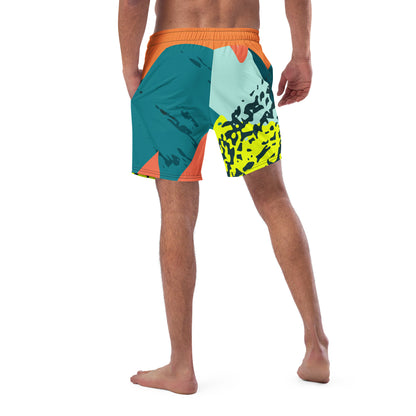 Recycled Swim Trunks FelinDesigns Multicolored Artistic Swimsuit with Geometric Pattern and Brush Strokes, Unique Urban Streetwear Design. - FelinDesign