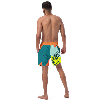 Recycled Swim Trunks FelinDesigns Multicolored Artistic Swimsuit with Geometric Pattern and Brush Strokes, Unique Urban Streetwear Design. - FelinDesign