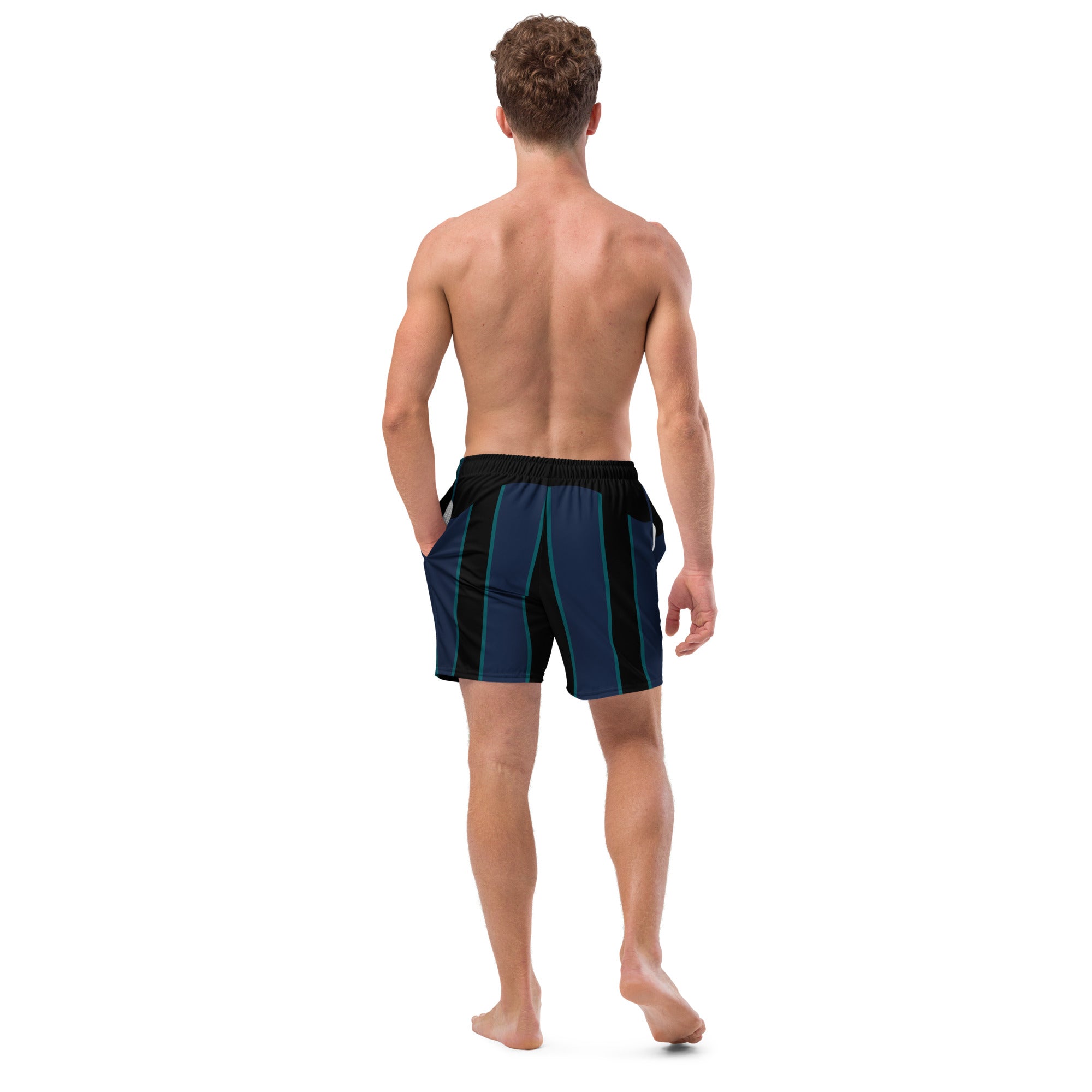 "Midnight Stripes" Swimsuit - Elegant Boardshorts with Teal and Blue Vertical Stripes - Minimal and Sporty Design. - FelinDesign