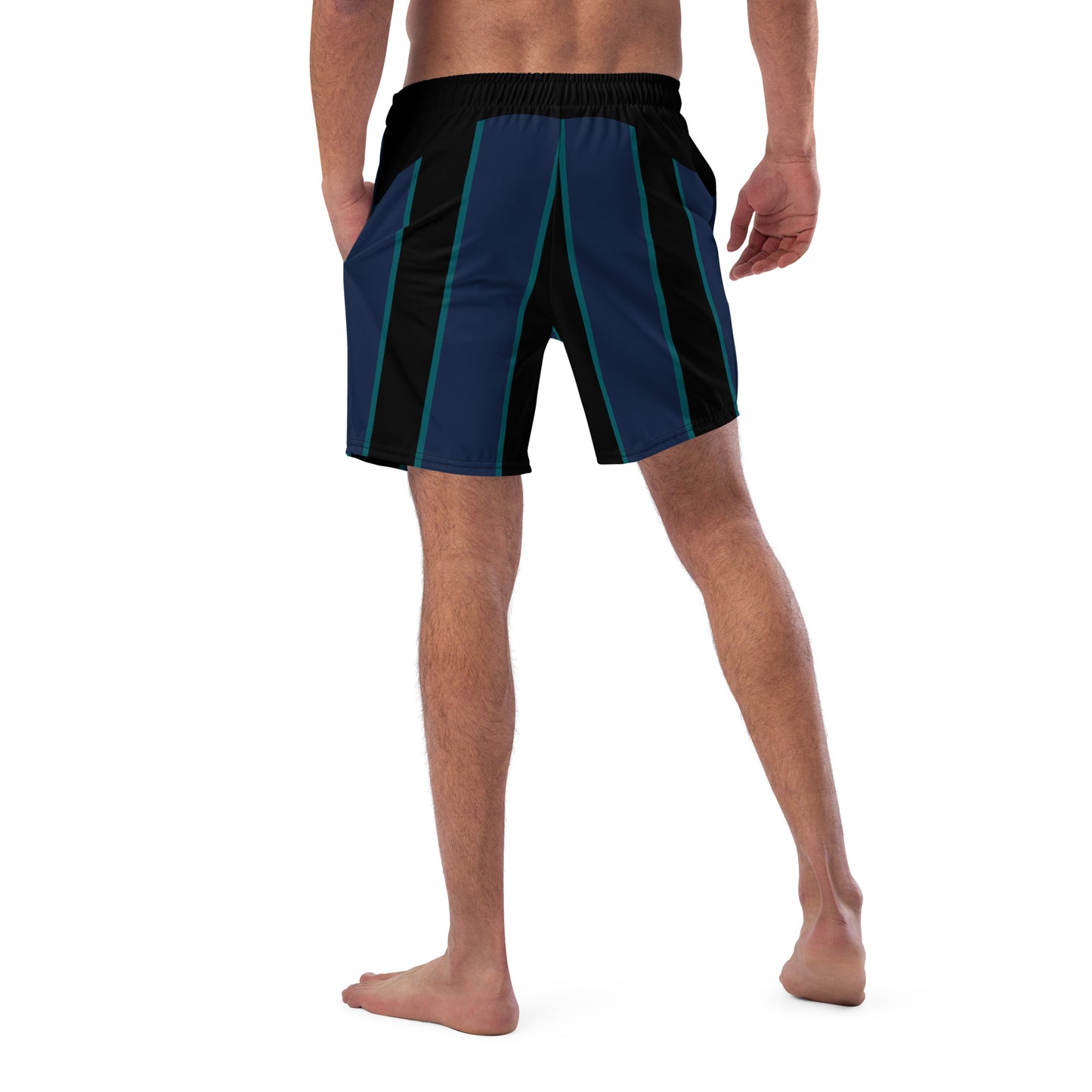 "Midnight Stripes" Swimsuit - Elegant Boardshorts with Teal and Blue Vertical Stripes - Minimal and Sporty Design. - FelinDesign