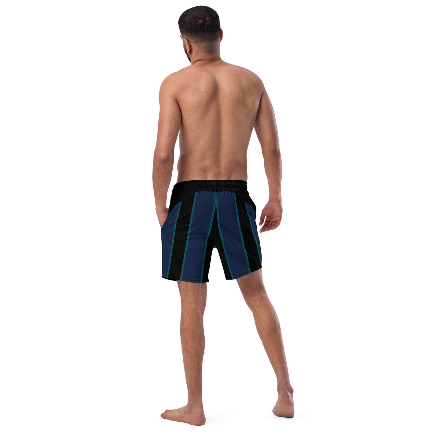 "Midnight Stripes" Swimsuit - Elegant Boardshorts with Teal and Blue Vertical Stripes - Minimal and Sporty Design. - FelinDesign
