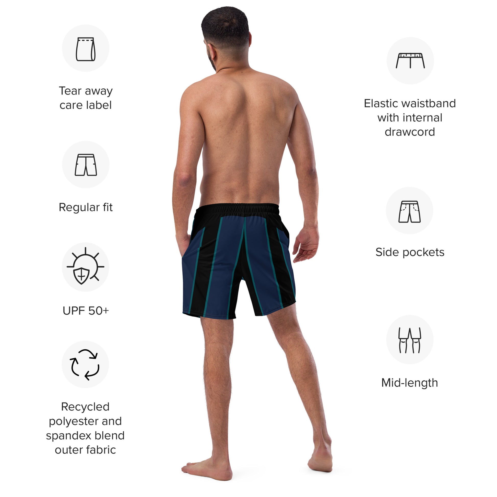 "Midnight Stripes" Swimsuit - Elegant Boardshorts with Teal and Blue Vertical Stripes - Minimal and Sporty Design. - FelinDesign