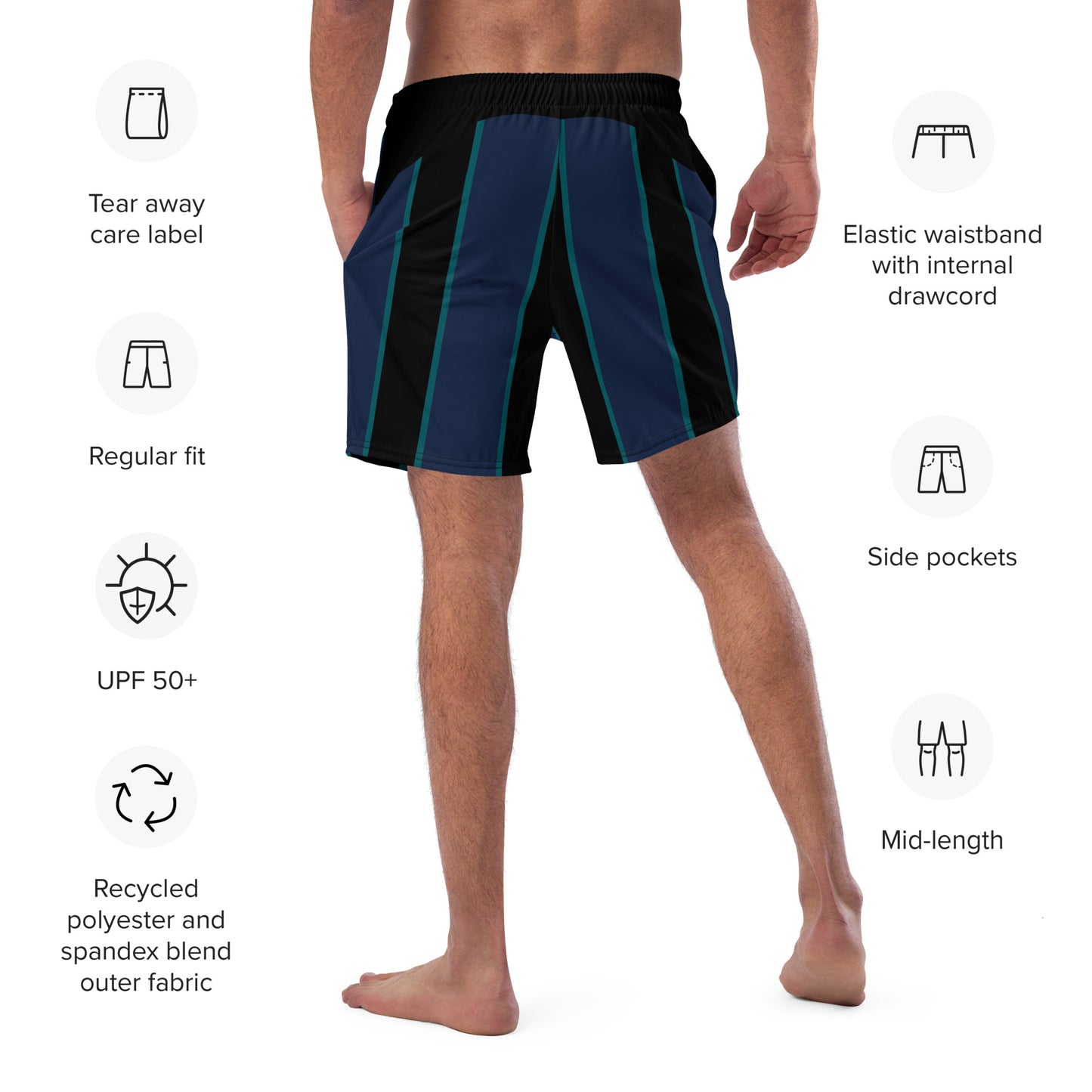 "Midnight Stripes" Swimsuit - Elegant Boardshorts with Teal and Blue Vertical Stripes - Minimal and Sporty Design. - FelinDesign