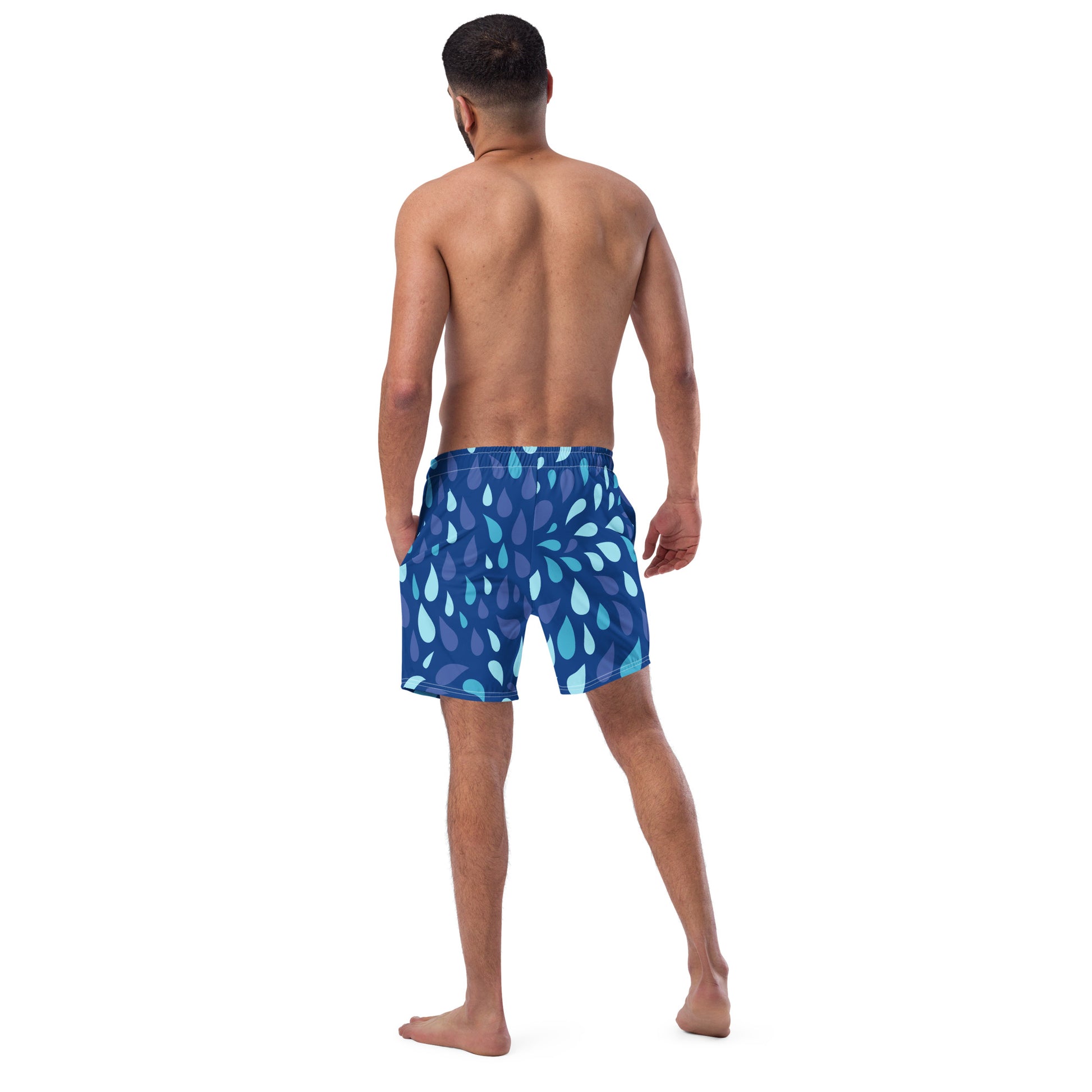 Men's Navy and Cyan "Raindrop" Print Swim Shorts – Tailored Mid-Short Swimsuit with Retro-Modern Graphic Print - FelinDesign