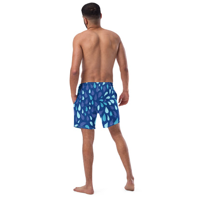 Men's Navy and Cyan "Raindrop" Print Swim Shorts – Tailored Mid-Short Swimsuit with Retro-Modern Graphic Print - FelinDesign