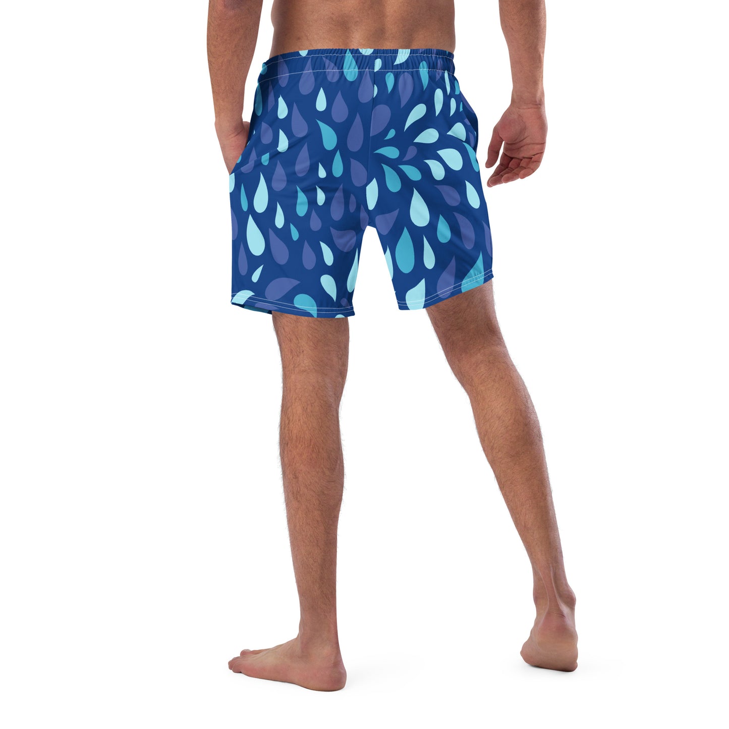 Men's Navy and Cyan "Raindrop" Print Swim Shorts – Tailored Mid-Short Swimsuit with Retro-Modern Graphic Print - FelinDesign
