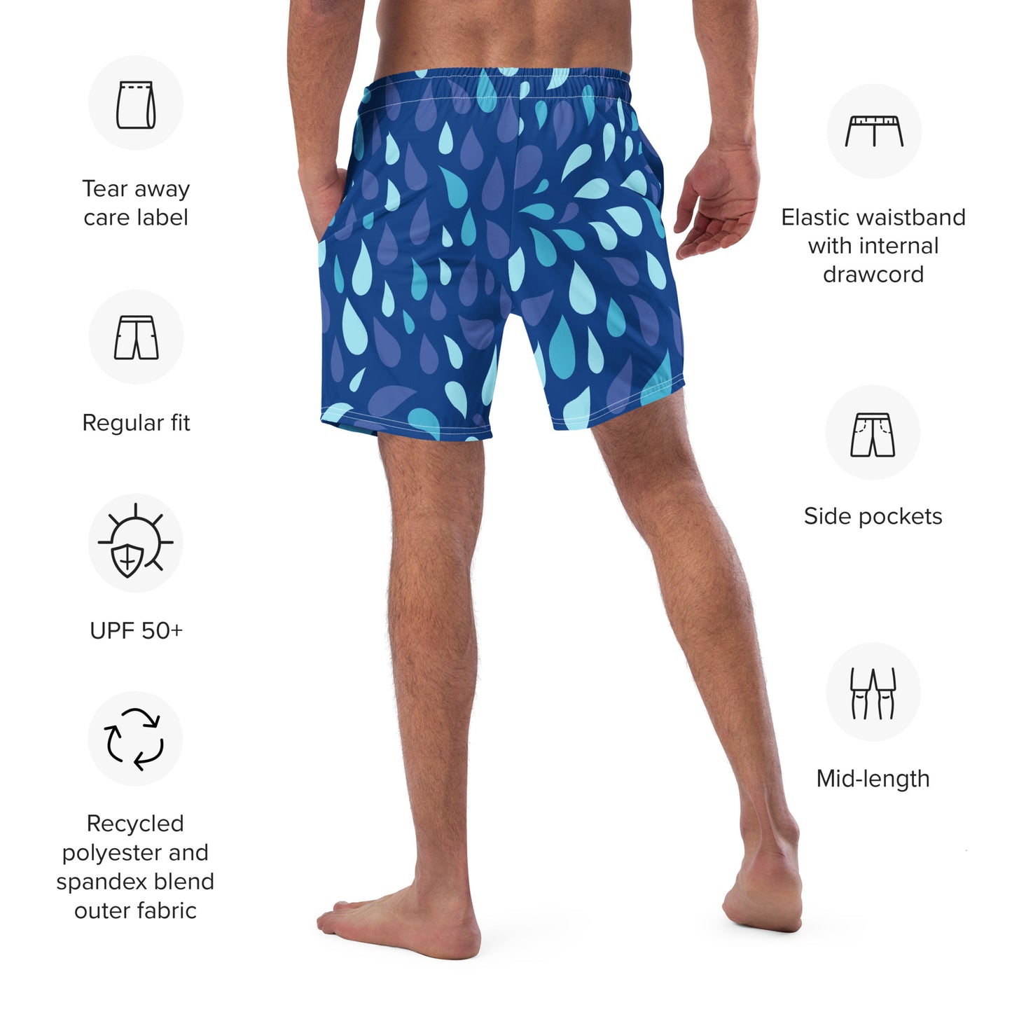 Men's Navy and Cyan "Raindrop" Print Swim Shorts – Tailored Mid-Short Swimsuit with Retro-Modern Graphic Print - FelinDesign