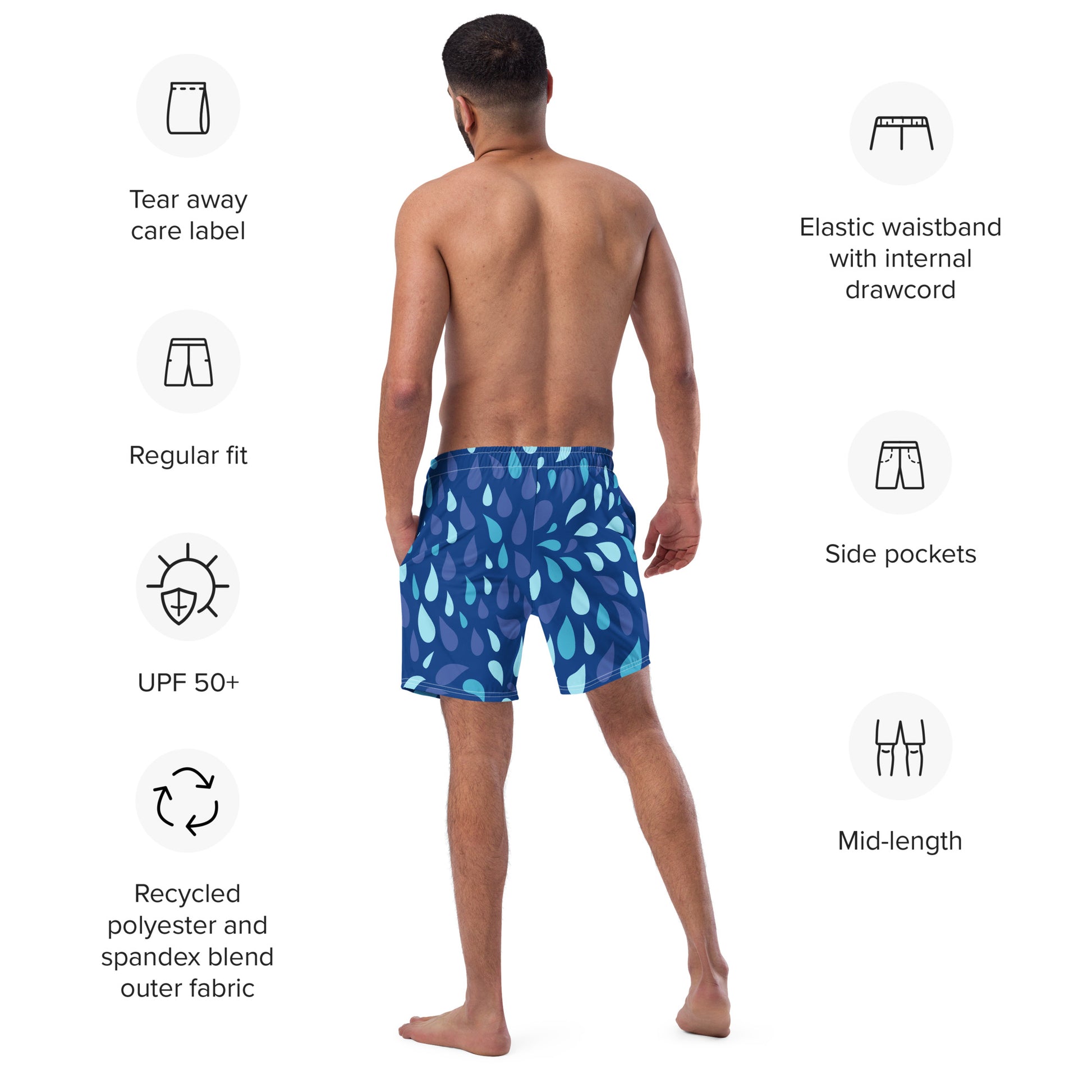 Men's Navy and Cyan "Raindrop" Print Swim Shorts – Tailored Mid-Short Swimsuit with Retro-Modern Graphic Print - FelinDesign