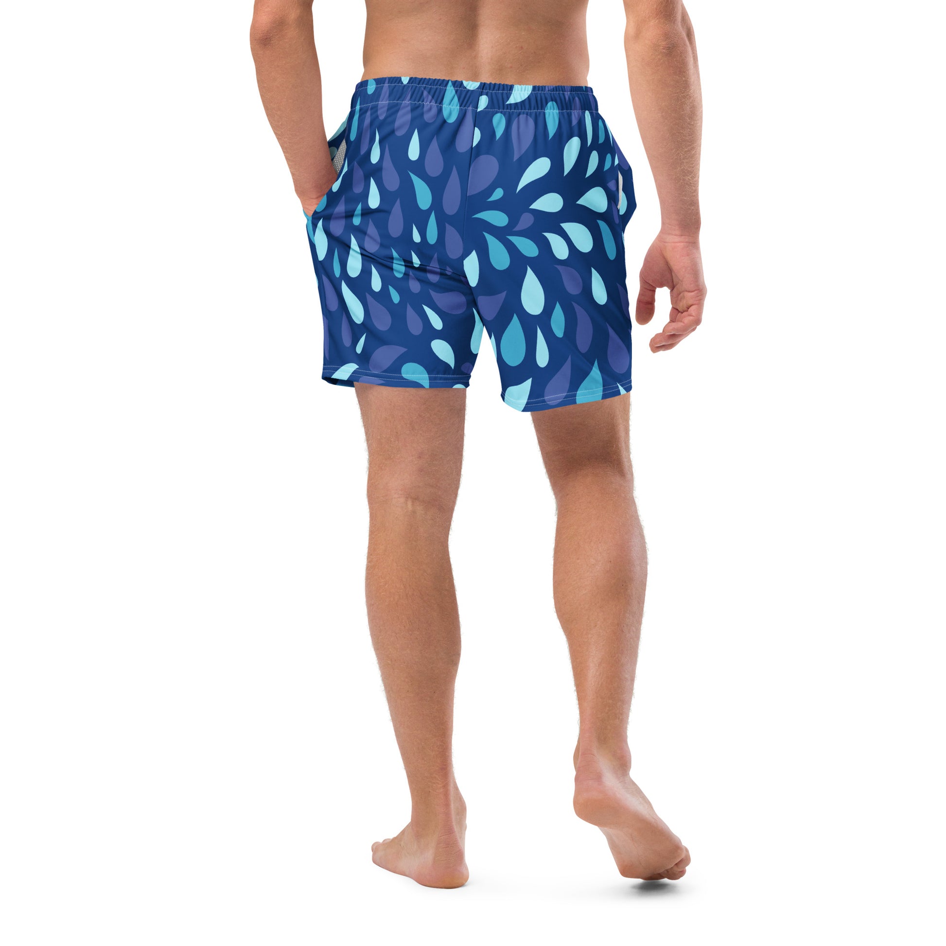 Men's Navy and Cyan "Raindrop" Print Swim Shorts – Tailored Mid-Short Swimsuit with Retro-Modern Graphic Print - FelinDesign