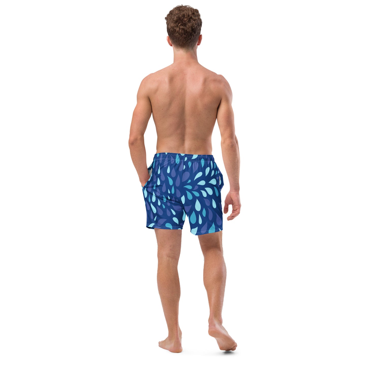 Men's Navy and Cyan "Raindrop" Print Swim Shorts – Tailored Mid-Short Swimsuit with Retro-Modern Graphic Print - FelinDesign