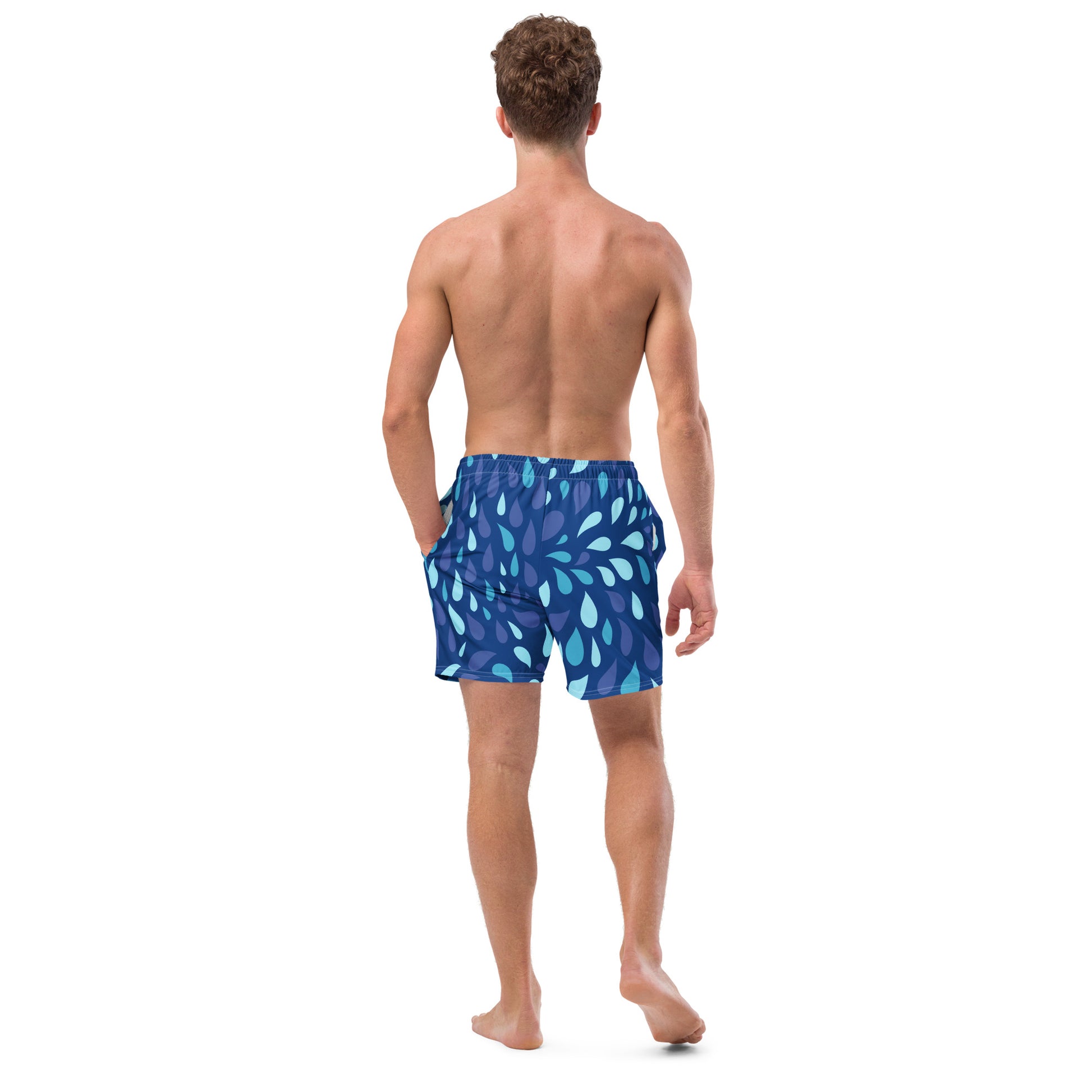 Men's Navy and Cyan "Raindrop" Print Swim Shorts – Tailored Mid-Short Swimsuit with Retro-Modern Graphic Print - FelinDesign