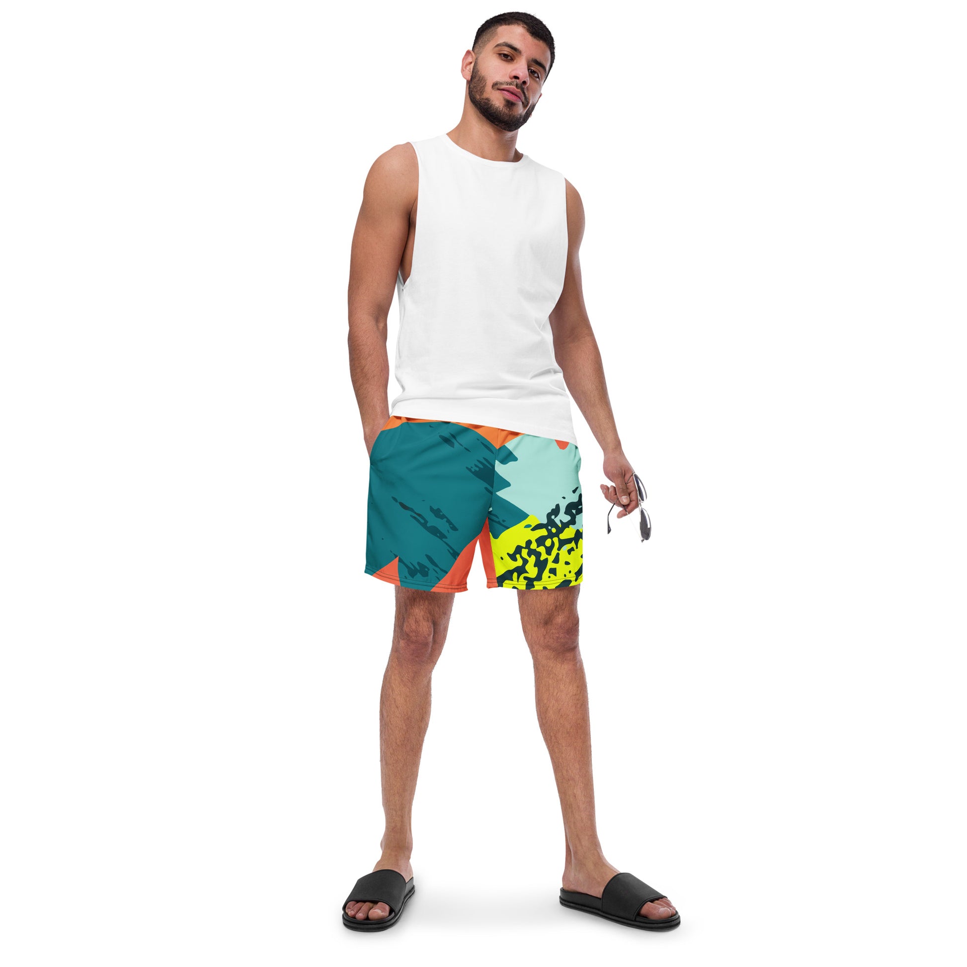 Recycled Swim Trunks FelinDesigns Multicolored Artistic Swimsuit with Geometric Pattern and Brush Strokes, Unique Urban Streetwear Design. - FelinDesign