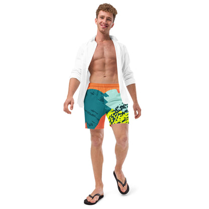 Recycled Swim Trunks FelinDesigns Multicolored Artistic Swimsuit with Geometric Pattern and Brush Strokes, Unique Urban Streetwear Design. - FelinDesign