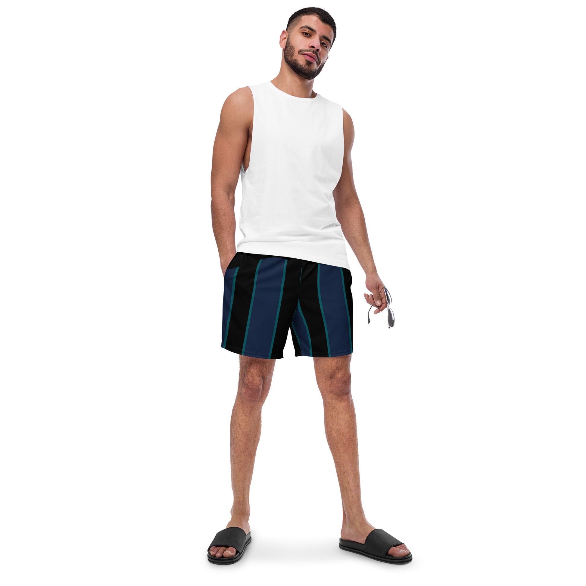 "Midnight Stripes" Swimsuit - Elegant Boardshorts with Teal and Blue Vertical Stripes - Minimal and Sporty Design. - FelinDesign