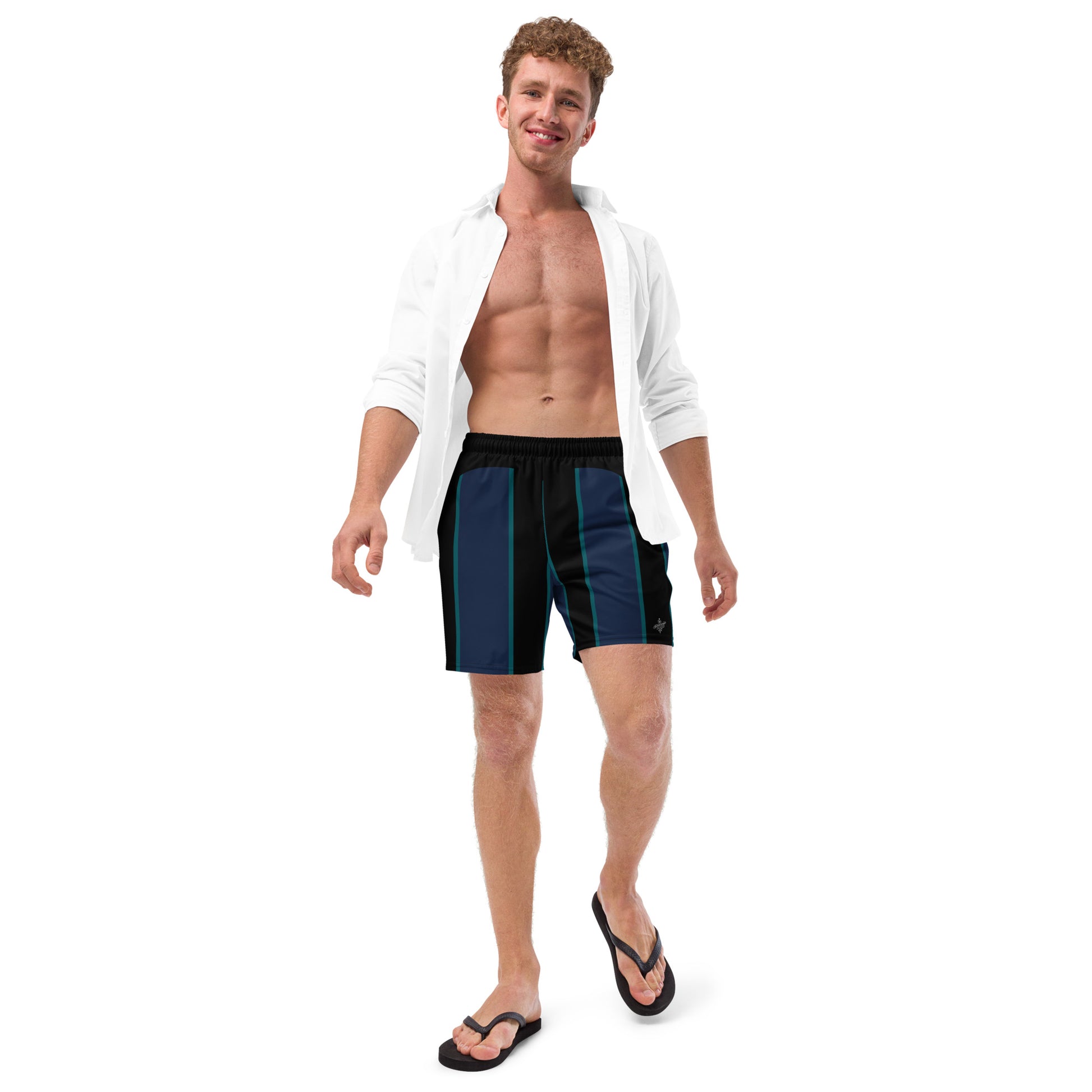 "Midnight Stripes" Swimsuit - Elegant Boardshorts with Teal and Blue Vertical Stripes - Minimal and Sporty Design. - FelinDesign