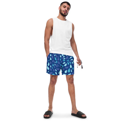 Men's Navy and Cyan "Raindrop" Print Swim Shorts – Tailored Mid-Short Swimsuit with Retro-Modern Graphic Print - FelinDesign