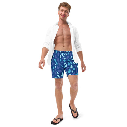 Men's Navy and Cyan "Raindrop" Print Swim Shorts – Tailored Mid-Short Swimsuit with Retro-Modern Graphic Print - FelinDesign