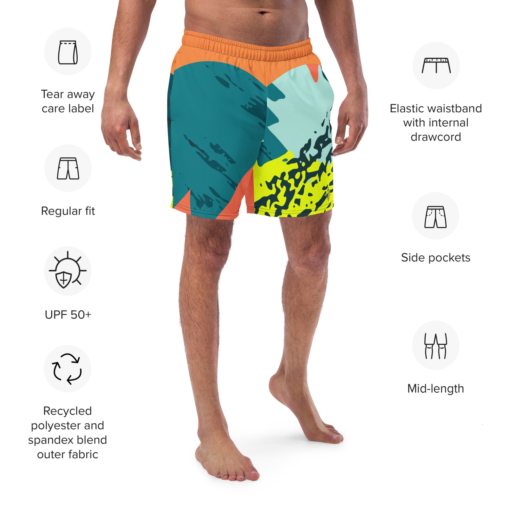 Recycled Swim Trunks FelinDesigns Multicolored Artistic Swimsuit with Geometric Pattern and Brush Strokes, Unique Urban Streetwear Design. - FelinDesign