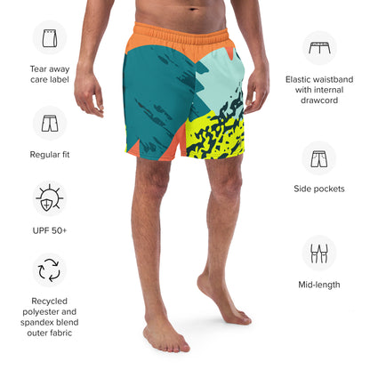 Recycled Swim Trunks FelinDesigns Multicolored Artistic Swimsuit with Geometric Pattern and Brush Strokes, Unique Urban Streetwear Design. - FelinDesign