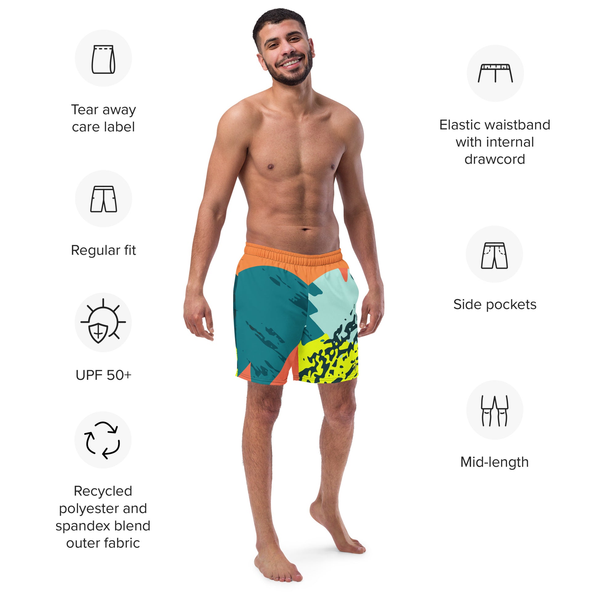 Recycled Swim Trunks FelinDesigns Multicolored Artistic Swimsuit with Geometric Pattern and Brush Strokes, Unique Urban Streetwear Design. - FelinDesign