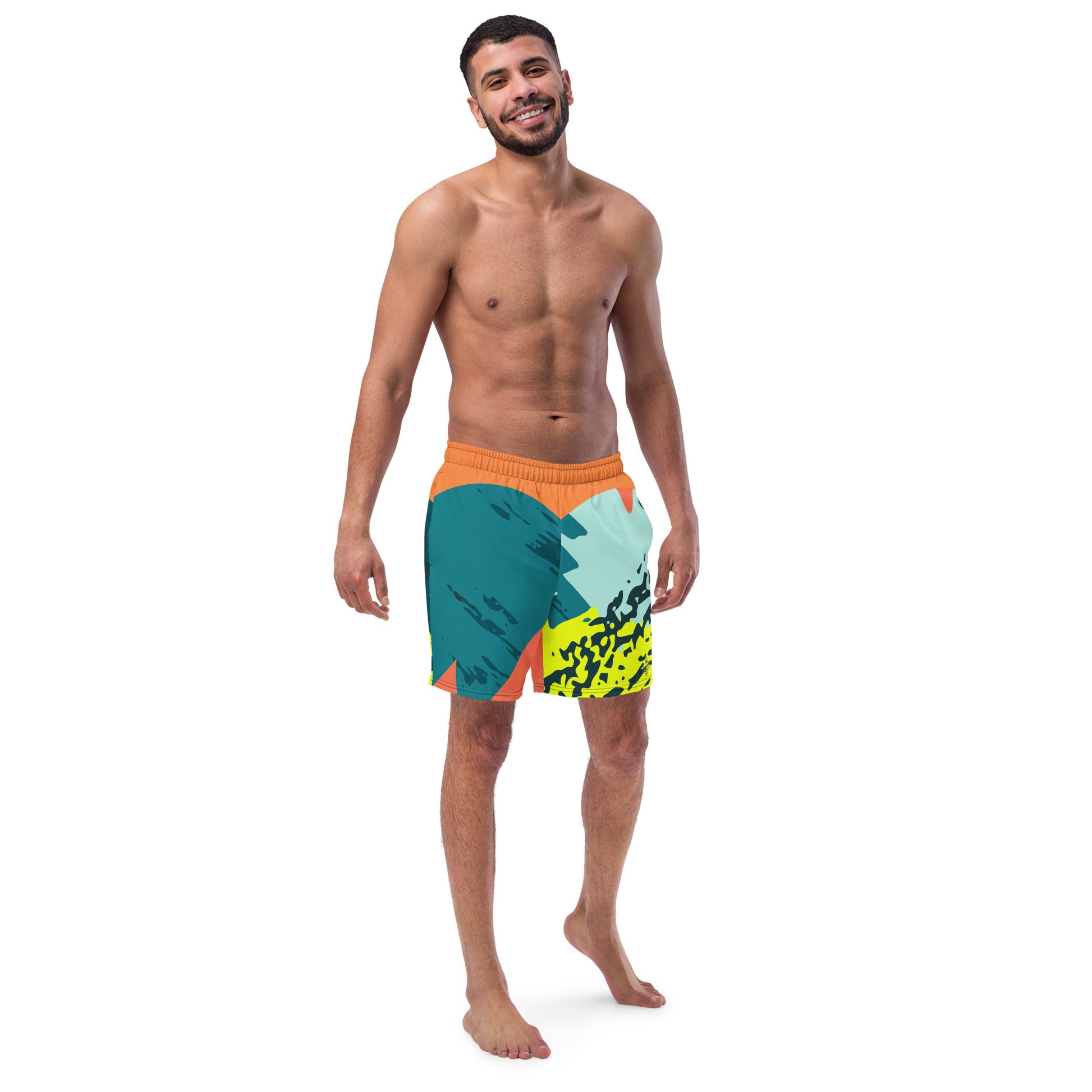 Recycled Swim Trunks FelinDesigns Multicolored Artistic Swimsuit with Geometric Pattern and Brush Strokes, Unique Urban Streetwear Design. - FelinDesign
