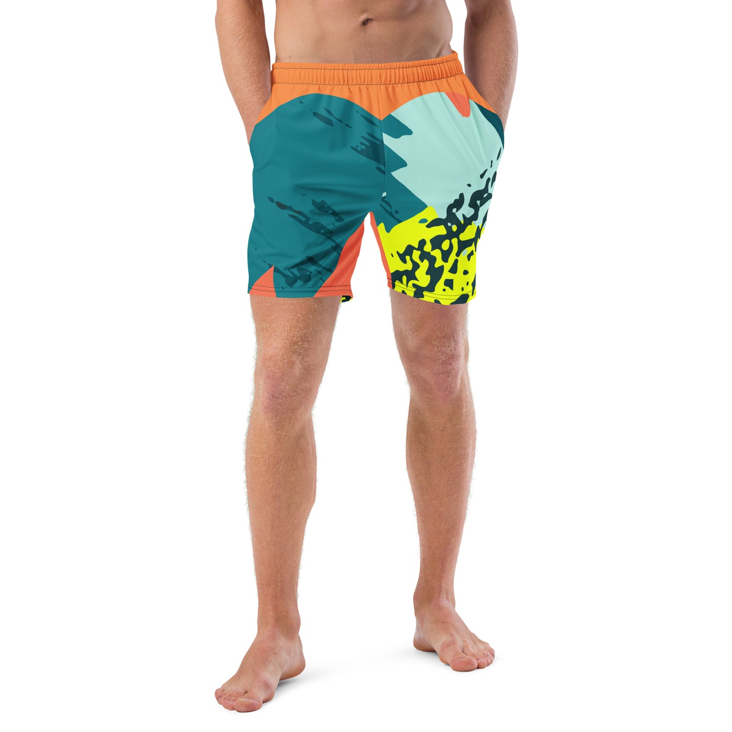 Recycled Swim Trunks FelinDesigns Multicolored Artistic Swimsuit with Geometric Pattern and Brush Strokes, Unique Urban Streetwear Design. - FelinDesign