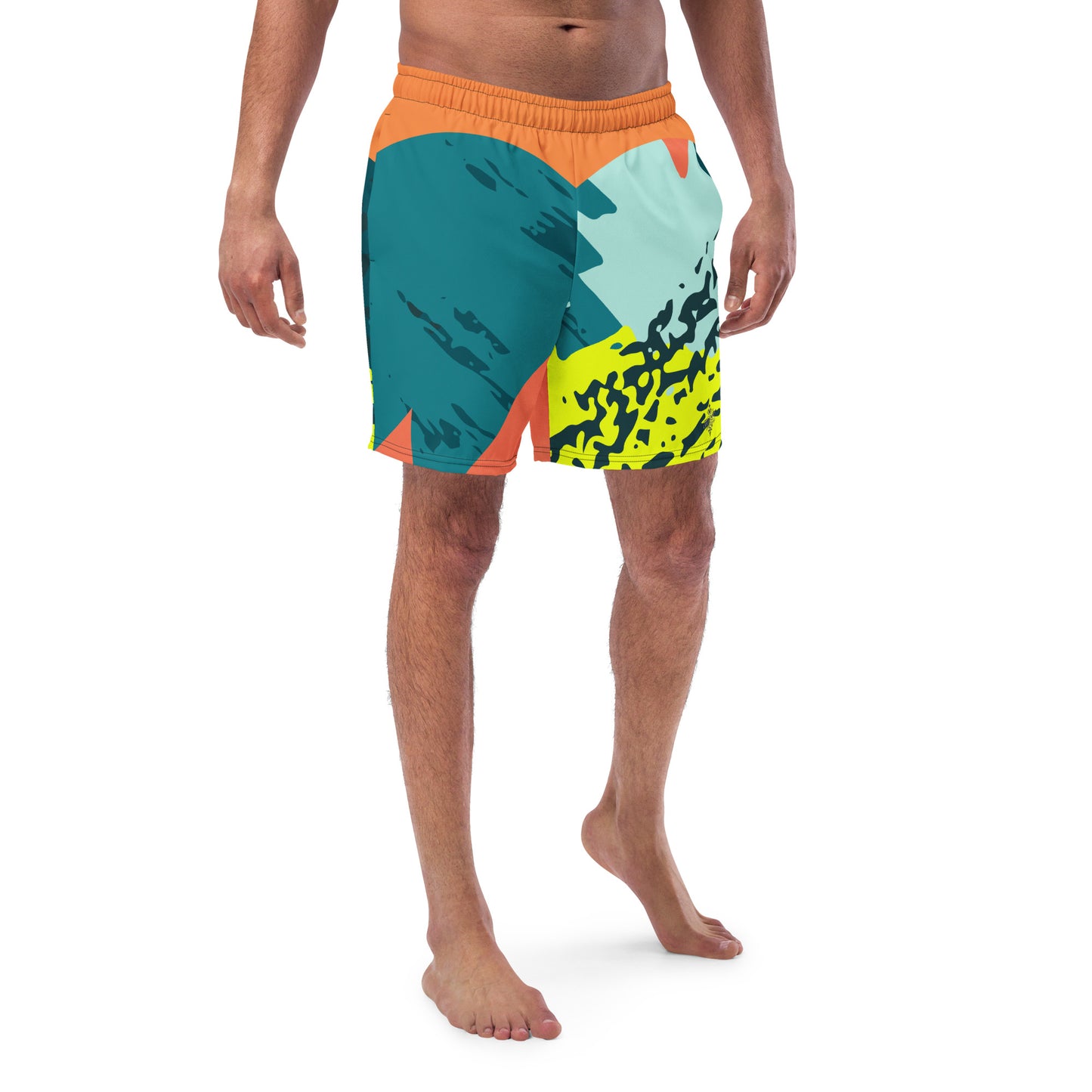Recycled Swim Trunks FelinDesigns Multicolored Artistic Swimsuit with Geometric Pattern and Brush Strokes, Unique Urban Streetwear Design. - FelinDesign